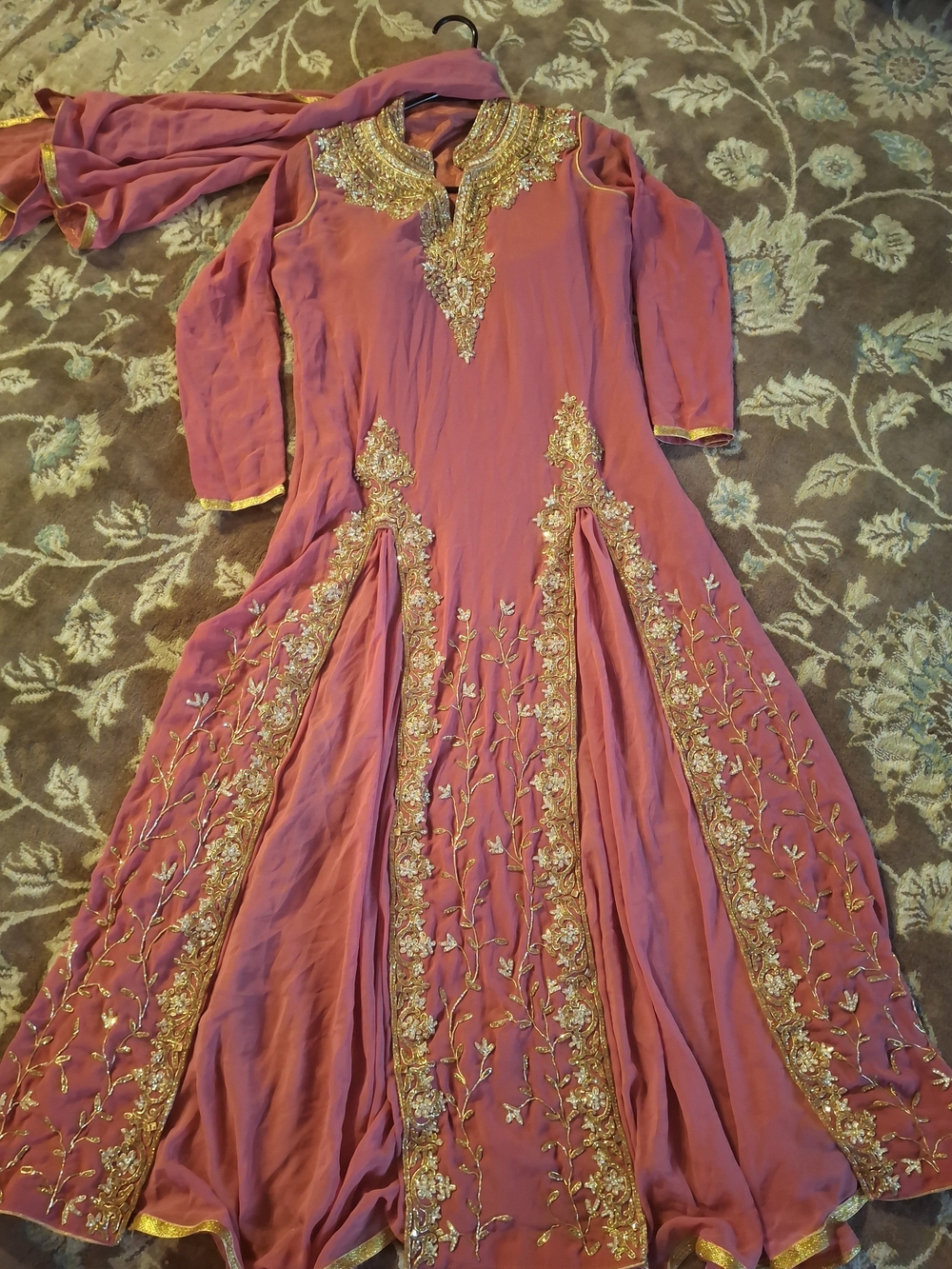 ​Gorgeous Pink Traditional Anarkali / Long Dress with Gold Zardozi Embroidery ✨